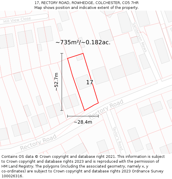 17, RECTORY ROAD, ROWHEDGE, COLCHESTER, CO5 7HR: Plot and title map