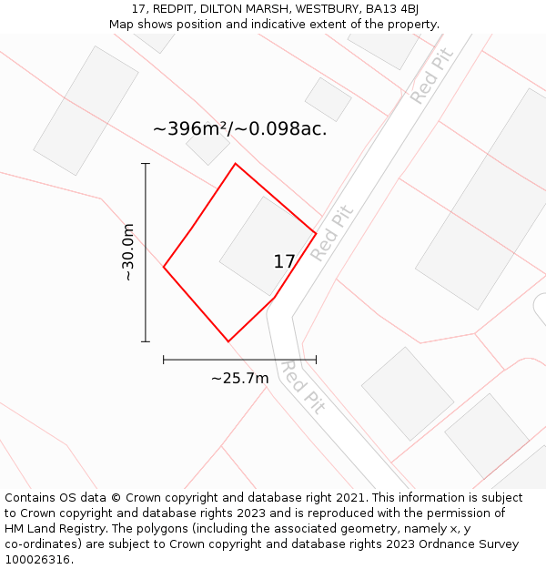 17, REDPIT, DILTON MARSH, WESTBURY, BA13 4BJ: Plot and title map