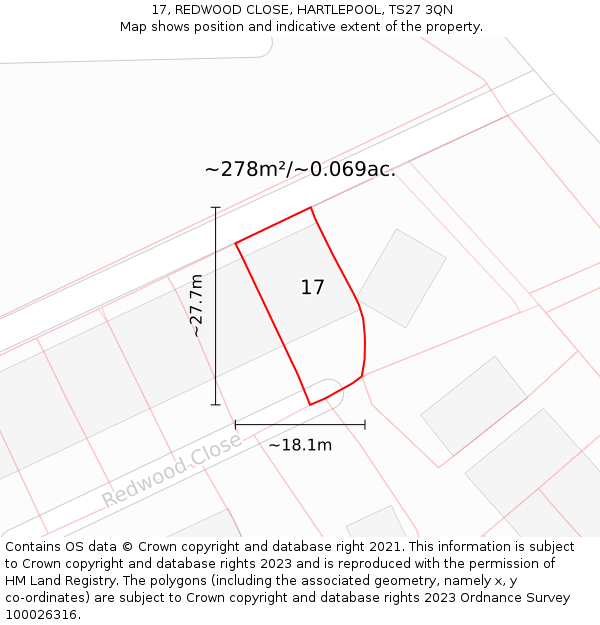 17, REDWOOD CLOSE, HARTLEPOOL, TS27 3QN: Plot and title map