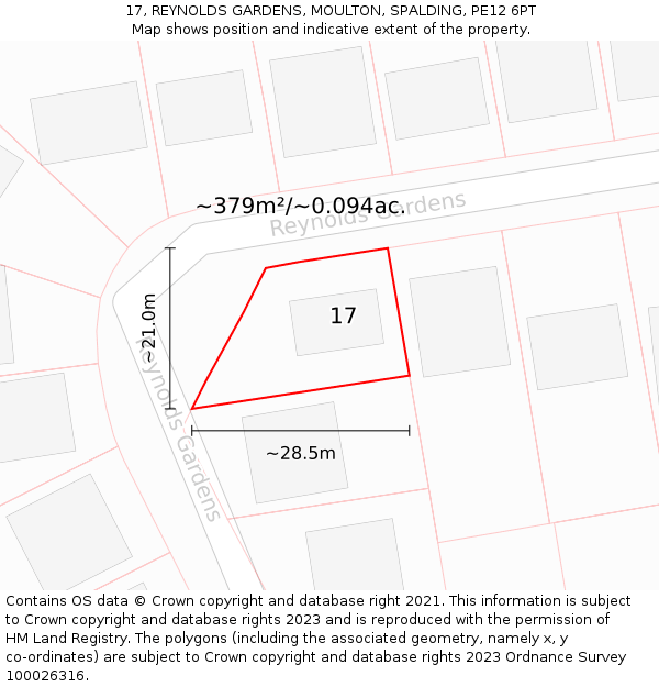 17, REYNOLDS GARDENS, MOULTON, SPALDING, PE12 6PT: Plot and title map