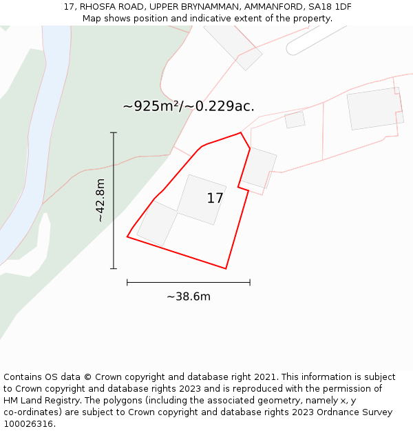 17, RHOSFA ROAD, UPPER BRYNAMMAN, AMMANFORD, SA18 1DF: Plot and title map