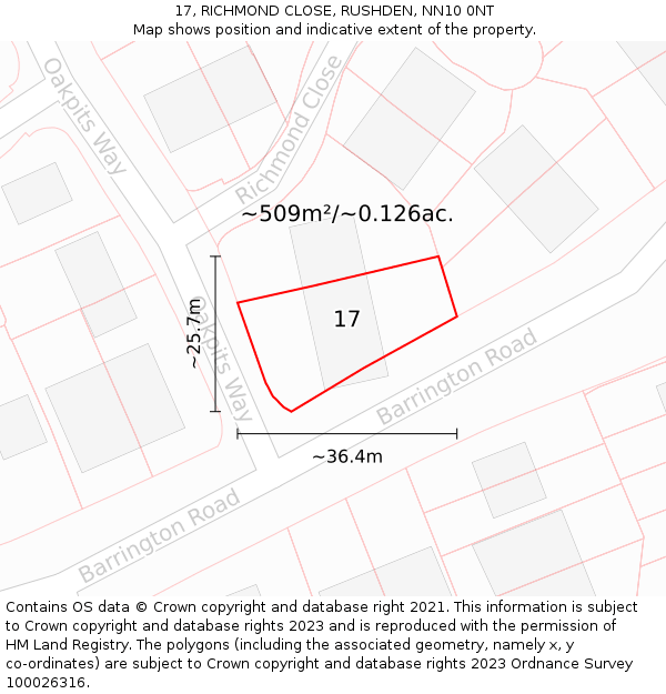17, RICHMOND CLOSE, RUSHDEN, NN10 0NT: Plot and title map