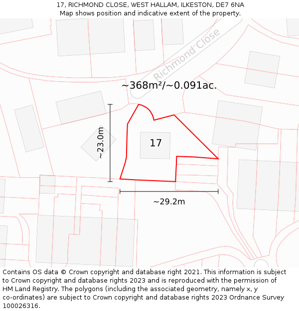 17, RICHMOND CLOSE, WEST HALLAM, ILKESTON, DE7 6NA: Plot and title map