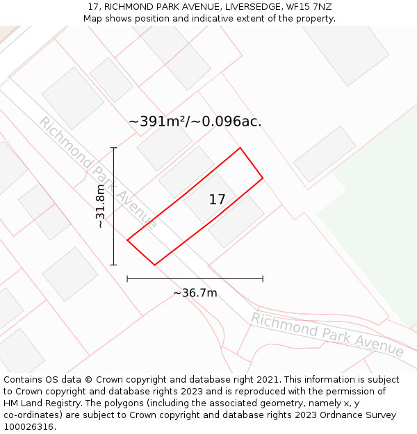 17, RICHMOND PARK AVENUE, LIVERSEDGE, WF15 7NZ: Plot and title map