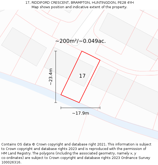 17, RIDDIFORD CRESCENT, BRAMPTON, HUNTINGDON, PE28 4YH: Plot and title map