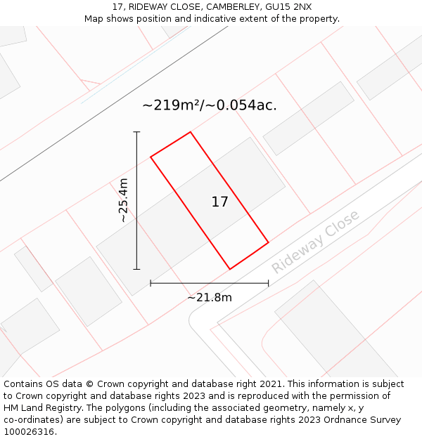 17, RIDEWAY CLOSE, CAMBERLEY, GU15 2NX: Plot and title map