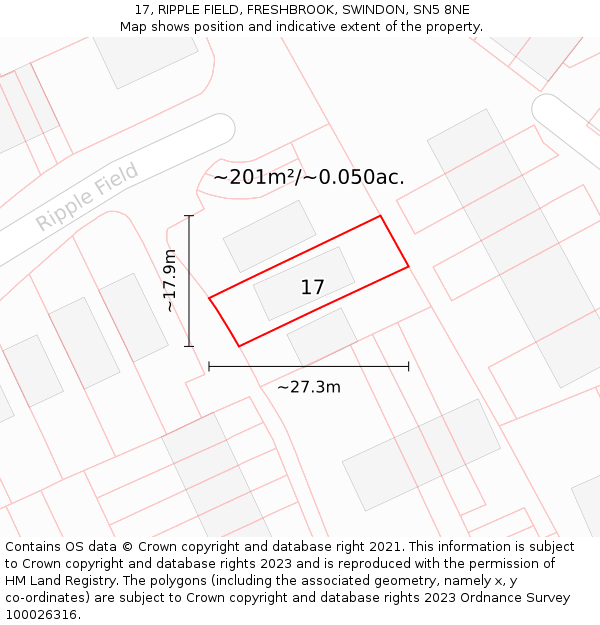17, RIPPLE FIELD, FRESHBROOK, SWINDON, SN5 8NE: Plot and title map