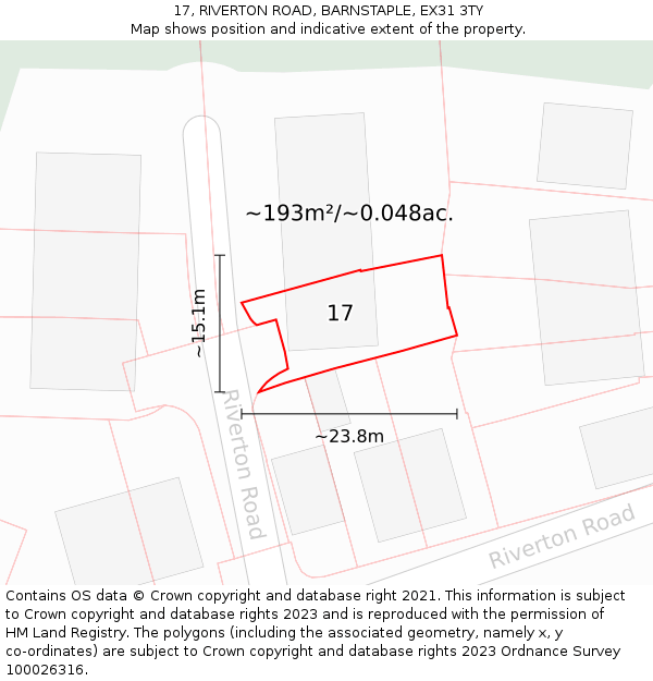 17, RIVERTON ROAD, BARNSTAPLE, EX31 3TY: Plot and title map
