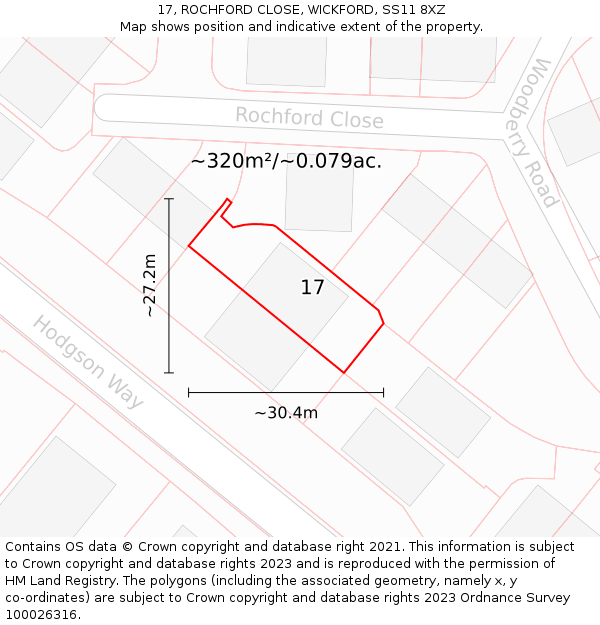 17, ROCHFORD CLOSE, WICKFORD, SS11 8XZ: Plot and title map