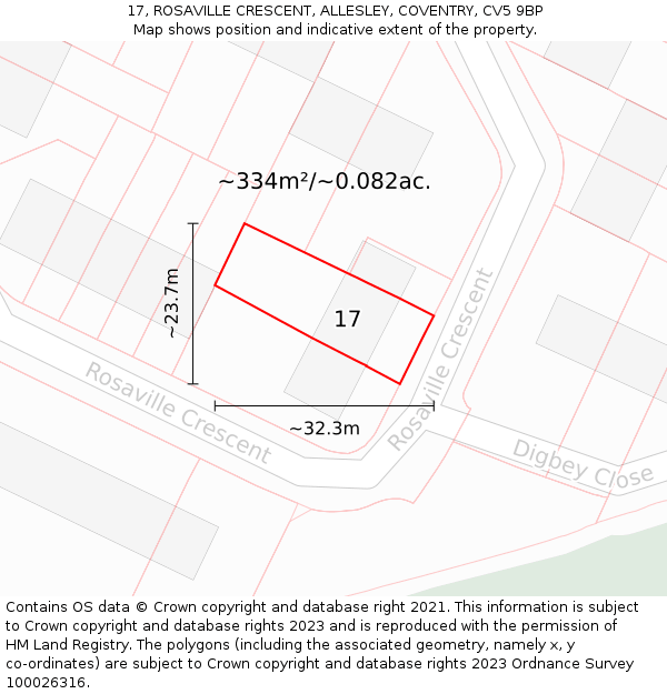 17, ROSAVILLE CRESCENT, ALLESLEY, COVENTRY, CV5 9BP: Plot and title map