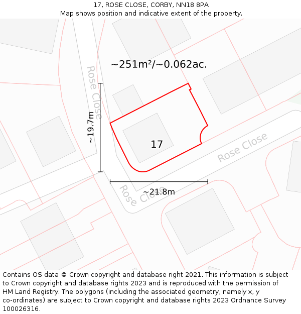 17, ROSE CLOSE, CORBY, NN18 8PA: Plot and title map