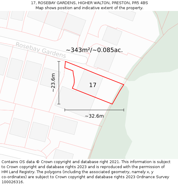 17, ROSEBAY GARDENS, HIGHER WALTON, PRESTON, PR5 4BS: Plot and title map