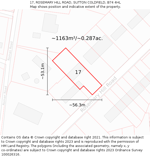 17, ROSEMARY HILL ROAD, SUTTON COLDFIELD, B74 4HL: Plot and title map