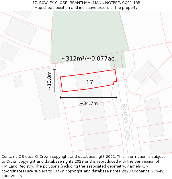 17, ROWLEY CLOSE, BRANTHAM, MANNINGTREE, CO11 1RR: Plot and title map