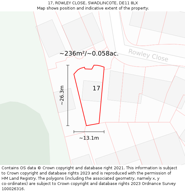 17, ROWLEY CLOSE, SWADLINCOTE, DE11 8LX: Plot and title map