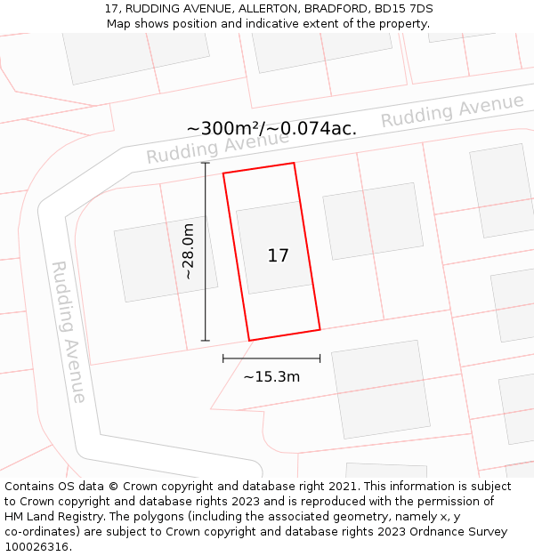 17, RUDDING AVENUE, ALLERTON, BRADFORD, BD15 7DS: Plot and title map