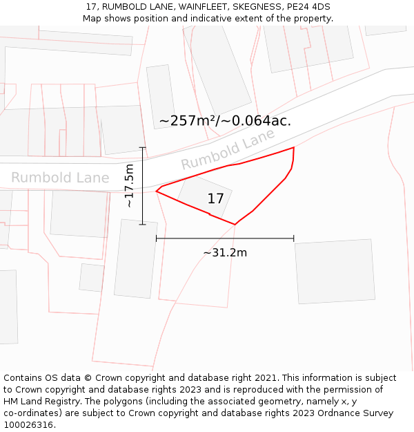17, RUMBOLD LANE, WAINFLEET, SKEGNESS, PE24 4DS: Plot and title map