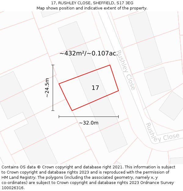 17, RUSHLEY CLOSE, SHEFFIELD, S17 3EG: Plot and title map