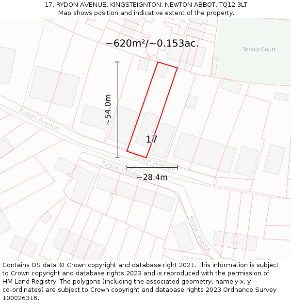 17, RYDON AVENUE, KINGSTEIGNTON, NEWTON ABBOT, TQ12 3LT: Plot and title map