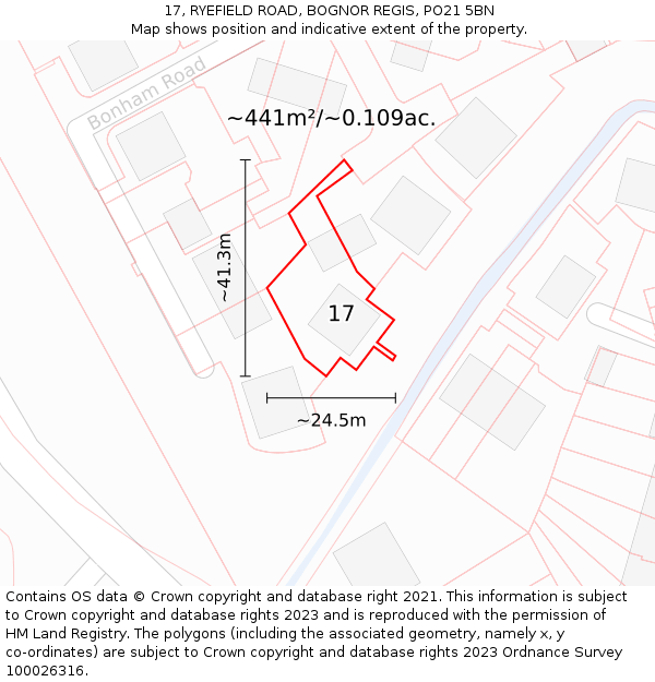 17, RYEFIELD ROAD, BOGNOR REGIS, PO21 5BN: Plot and title map