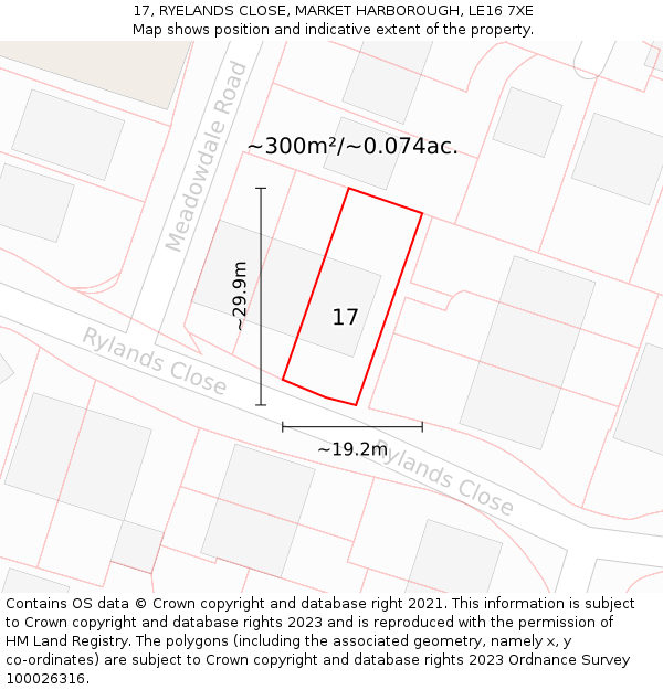 17, RYELANDS CLOSE, MARKET HARBOROUGH, LE16 7XE: Plot and title map