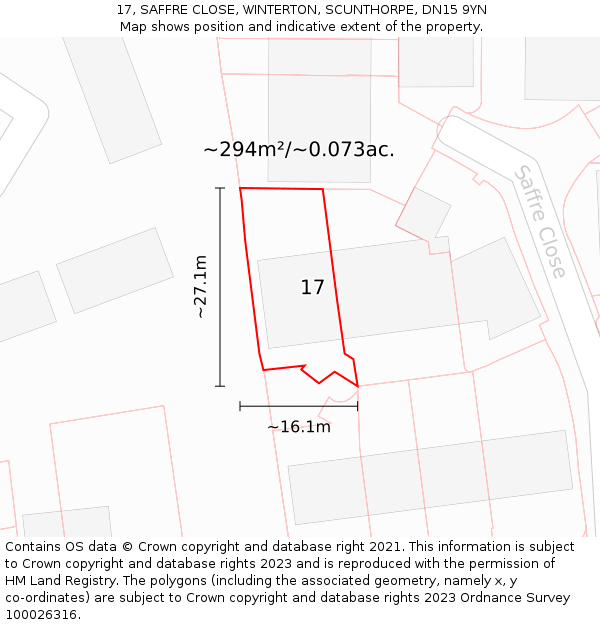 17, SAFFRE CLOSE, WINTERTON, SCUNTHORPE, DN15 9YN: Plot and title map