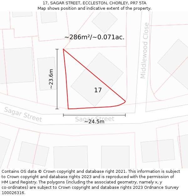 17, SAGAR STREET, ECCLESTON, CHORLEY, PR7 5TA: Plot and title map