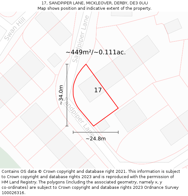 17, SANDPIPER LANE, MICKLEOVER, DERBY, DE3 0UU: Plot and title map