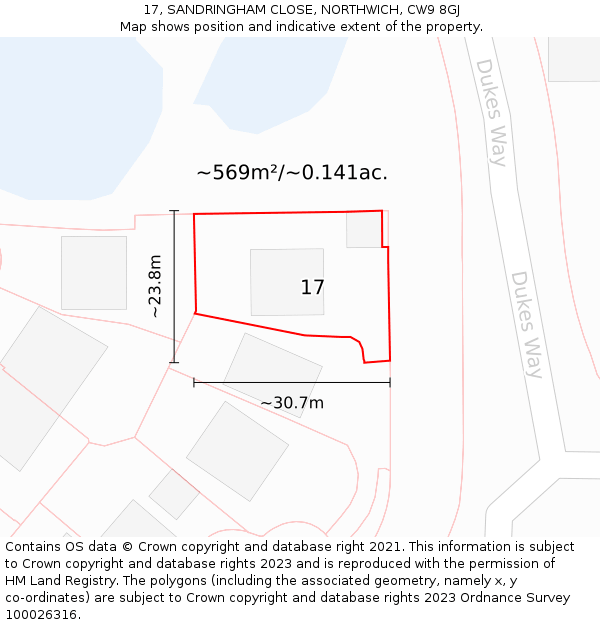 17, SANDRINGHAM CLOSE, NORTHWICH, CW9 8GJ: Plot and title map