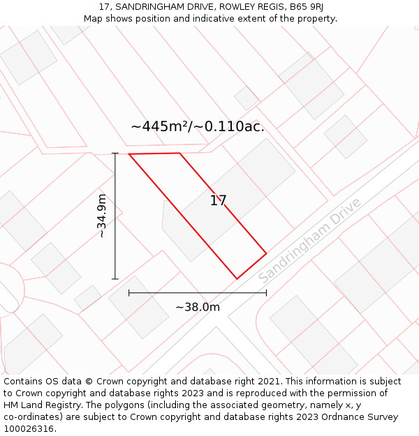17, SANDRINGHAM DRIVE, ROWLEY REGIS, B65 9RJ: Plot and title map