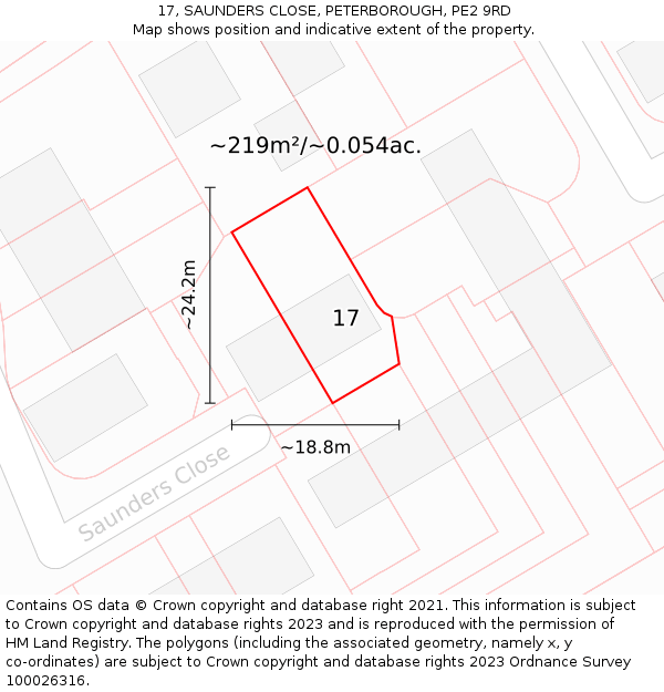 17, SAUNDERS CLOSE, PETERBOROUGH, PE2 9RD: Plot and title map