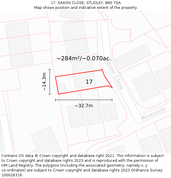 17, SAXON CLOSE, STUDLEY, B80 7SA: Plot and title map