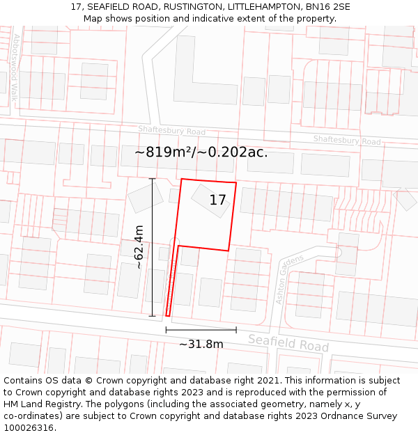 17, SEAFIELD ROAD, RUSTINGTON, LITTLEHAMPTON, BN16 2SE: Plot and title map