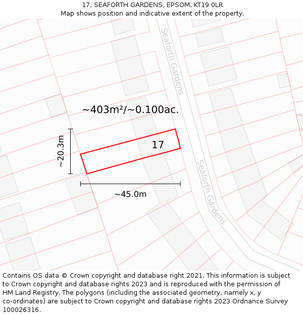 17, SEAFORTH GARDENS, EPSOM, KT19 0LR: Plot and title map