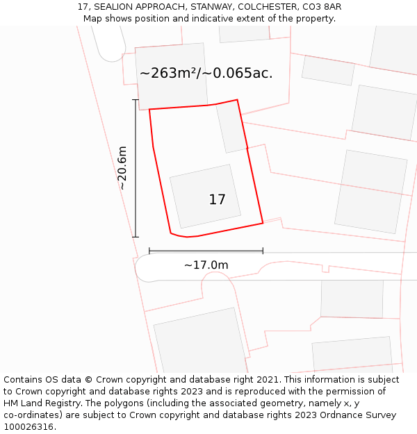 17, SEALION APPROACH, STANWAY, COLCHESTER, CO3 8AR: Plot and title map