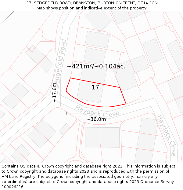 17, SEDGEFIELD ROAD, BRANSTON, BURTON-ON-TRENT, DE14 3GN: Plot and title map