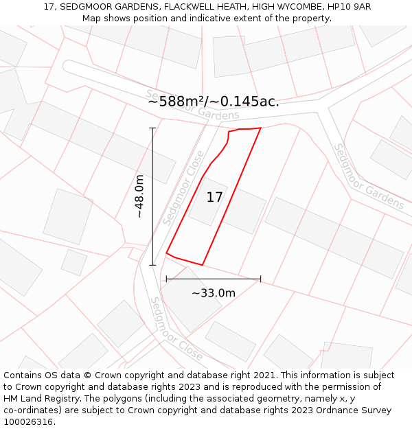 17, SEDGMOOR GARDENS, FLACKWELL HEATH, HIGH WYCOMBE, HP10 9AR: Plot and title map