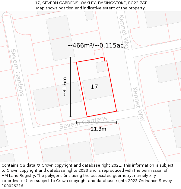 17, SEVERN GARDENS, OAKLEY, BASINGSTOKE, RG23 7AT: Plot and title map