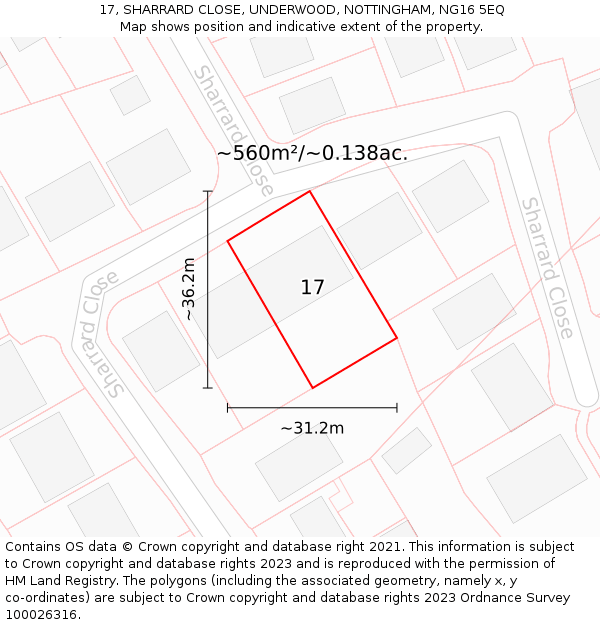 17, SHARRARD CLOSE, UNDERWOOD, NOTTINGHAM, NG16 5EQ: Plot and title map