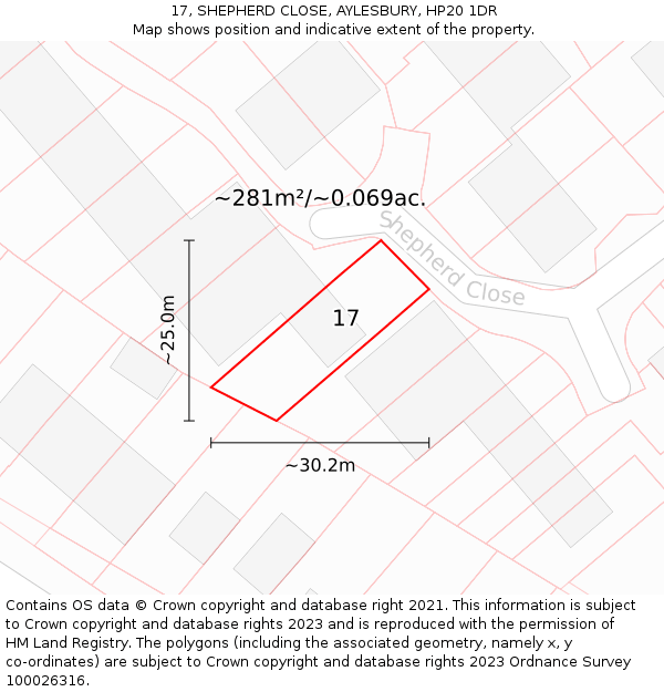 17, SHEPHERD CLOSE, AYLESBURY, HP20 1DR: Plot and title map