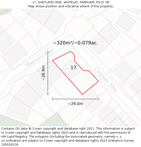 17, SHETLAND RISE, WHITELEY, FAREHAM, PO15 7JP: Plot and title map