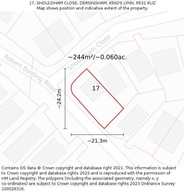 17, SHOULDHAM CLOSE, DERSINGHAM, KING'S LYNN, PE31 6UZ: Plot and title map
