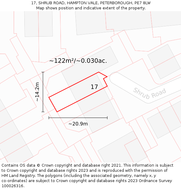 17, SHRUB ROAD, HAMPTON VALE, PETERBOROUGH, PE7 8LW: Plot and title map