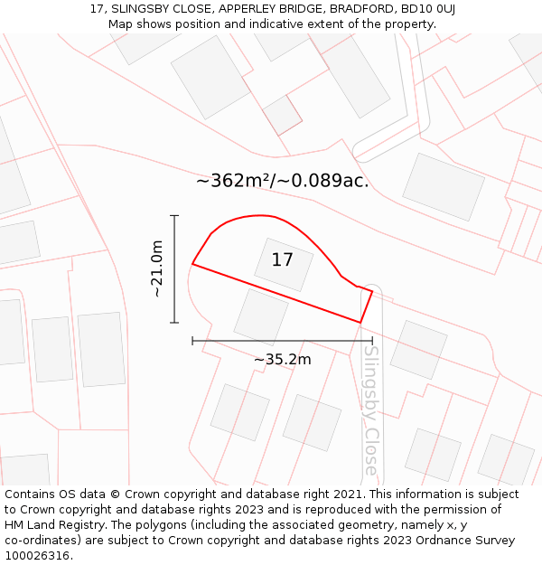 17, SLINGSBY CLOSE, APPERLEY BRIDGE, BRADFORD, BD10 0UJ: Plot and title map