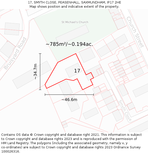 17, SMYTH CLOSE, PEASENHALL, SAXMUNDHAM, IP17 2HE: Plot and title map