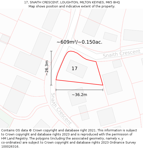 17, SNAITH CRESCENT, LOUGHTON, MILTON KEYNES, MK5 8HQ: Plot and title map