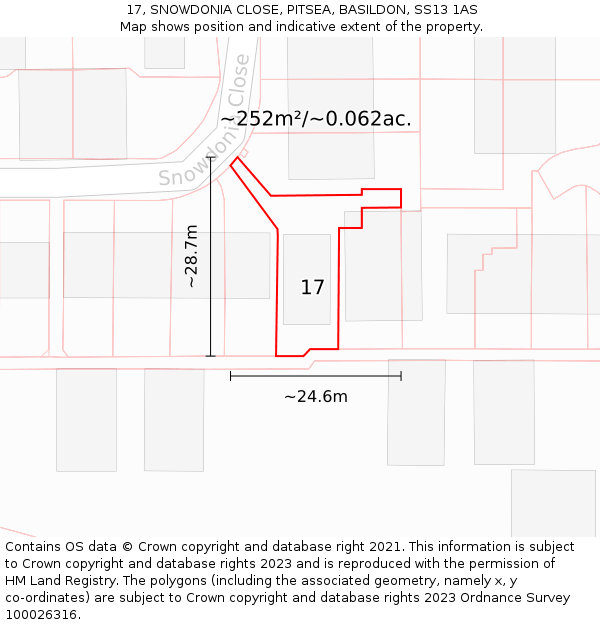 17, SNOWDONIA CLOSE, PITSEA, BASILDON, SS13 1AS: Plot and title map
