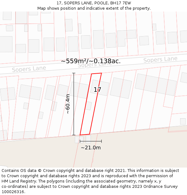 17, SOPERS LANE, POOLE, BH17 7EW: Plot and title map