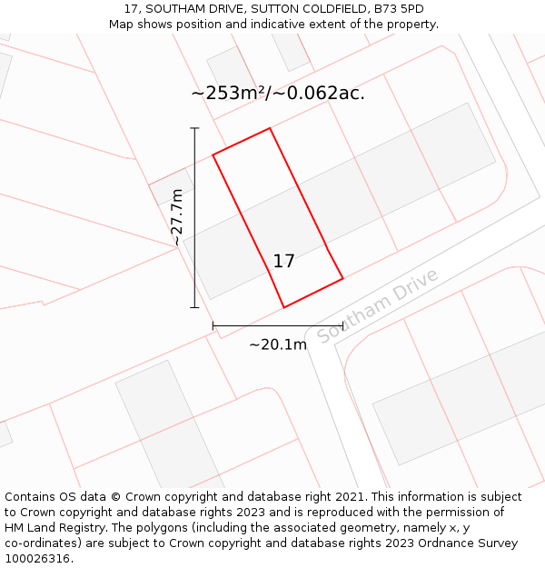 17, SOUTHAM DRIVE, SUTTON COLDFIELD, B73 5PD: Plot and title map