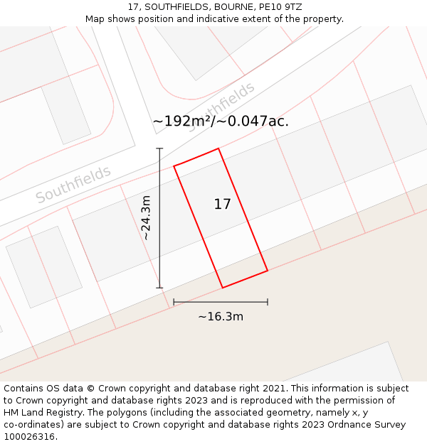 17, SOUTHFIELDS, BOURNE, PE10 9TZ: Plot and title map